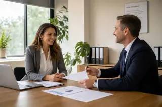 Une jeune entrepreneuse souriante et un banquier échangent dans un bureau lumineux, signant des documents.