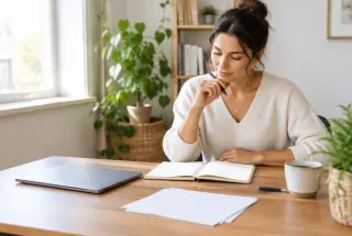 Entrepreneuse sereine prenant une décision à son bureau dans un espace de travail lumineux.