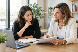 Deux femmes entrepreneures échangent autour d’un carnet et d’un ordinateur lors d’une séance de mentorat dans un bureau lumineux.
